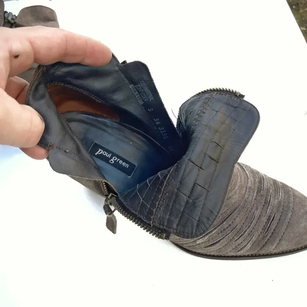 Paul Green Gray Ruched Suede Booties Neutral Leather Austrian Made Quiet Luxury